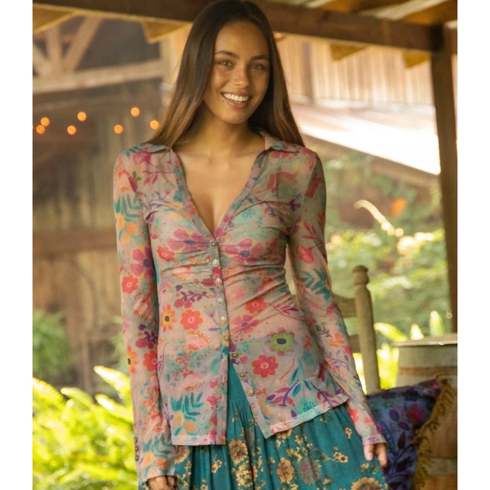 NEW Natural Life Carina Mesh Top Womens XS Pink Floral Boho Fairy Sheer Y2K